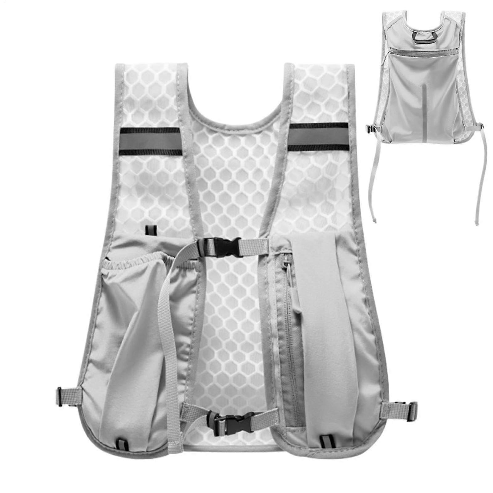 Lightweight Reflective Running Vest with Breathable Mesh and MultiPocket Hydration Pack Light Gray