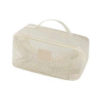 Oversized Mesh Cosmetic Storage Bag With Carry Handle And Interior Dividers Practical Multi Pocket Makeup Pouch   Beige