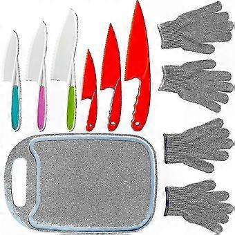 Kids Kitchen Knife Set 9 Piece, 6 Sizes Serrated Edges, with Gloves & Cutting Board Age 6-12
