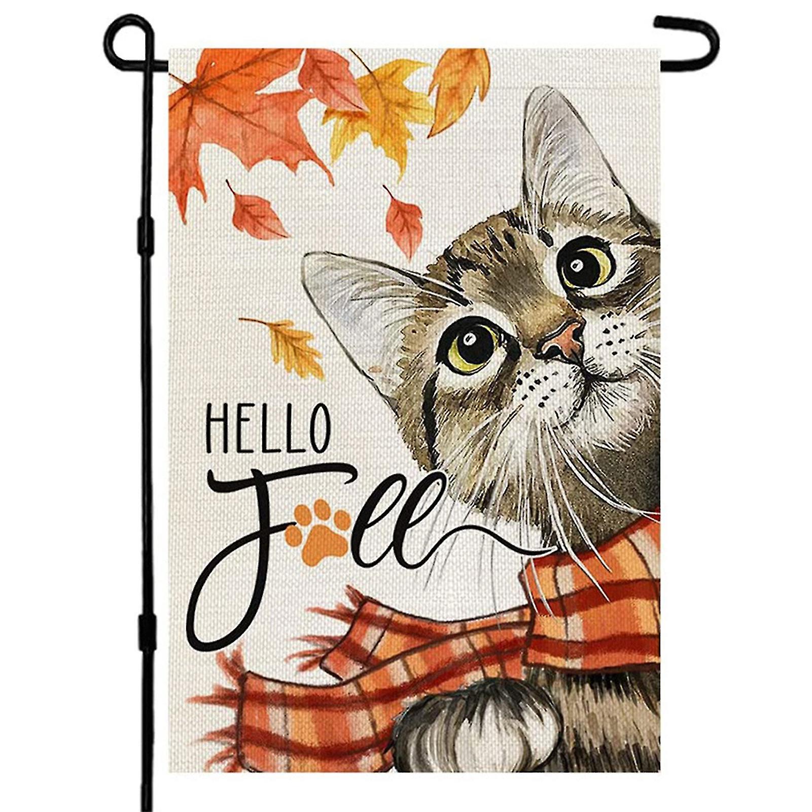 Thanksgiving Welcome Garden Flag Lovely Cat And Maple Leaves Printed Vertical Flag For Home Garden Yard
