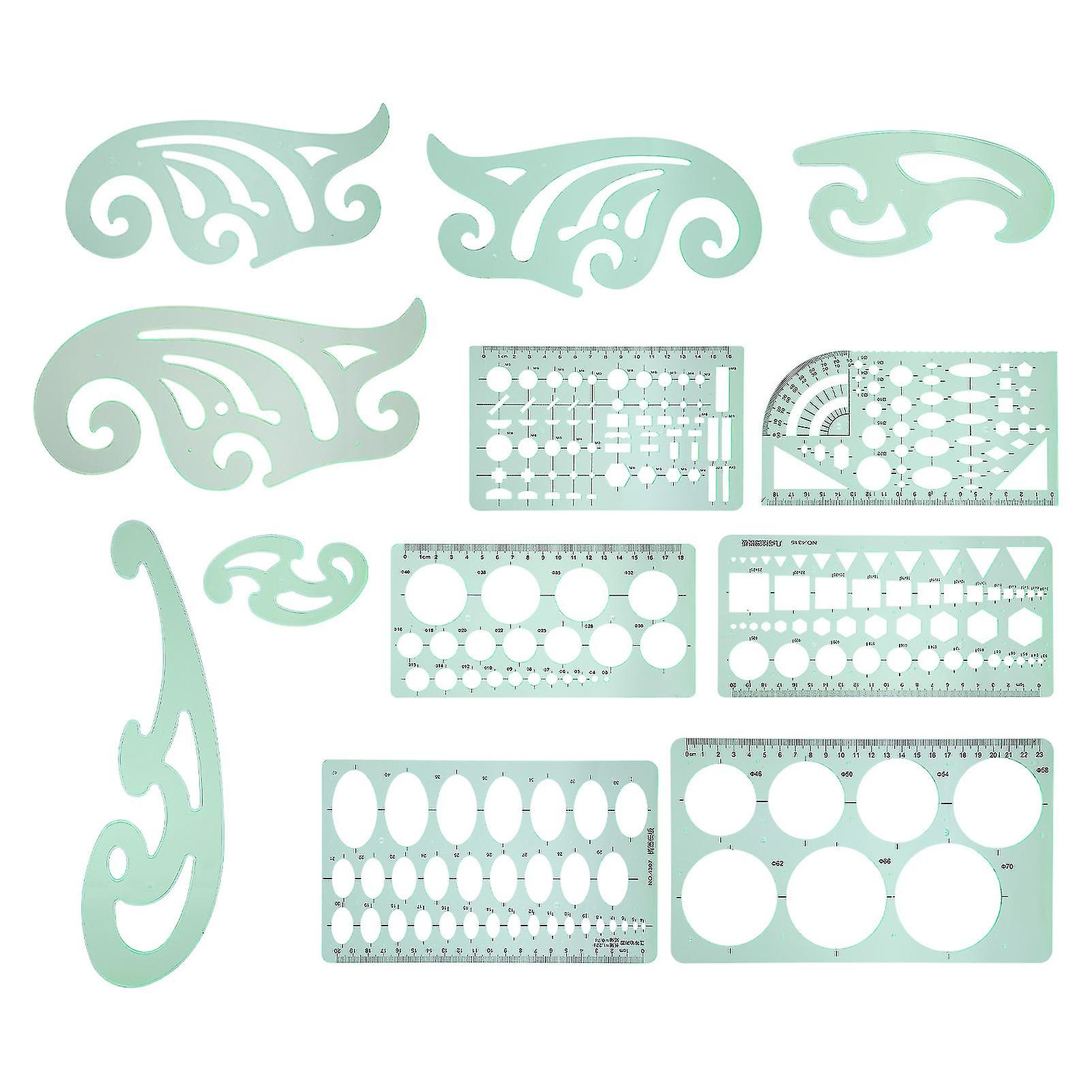 12Pcs Drawing Template Multifunctional Measuring Geometric Plastic Draft Ruler Design Supplies
