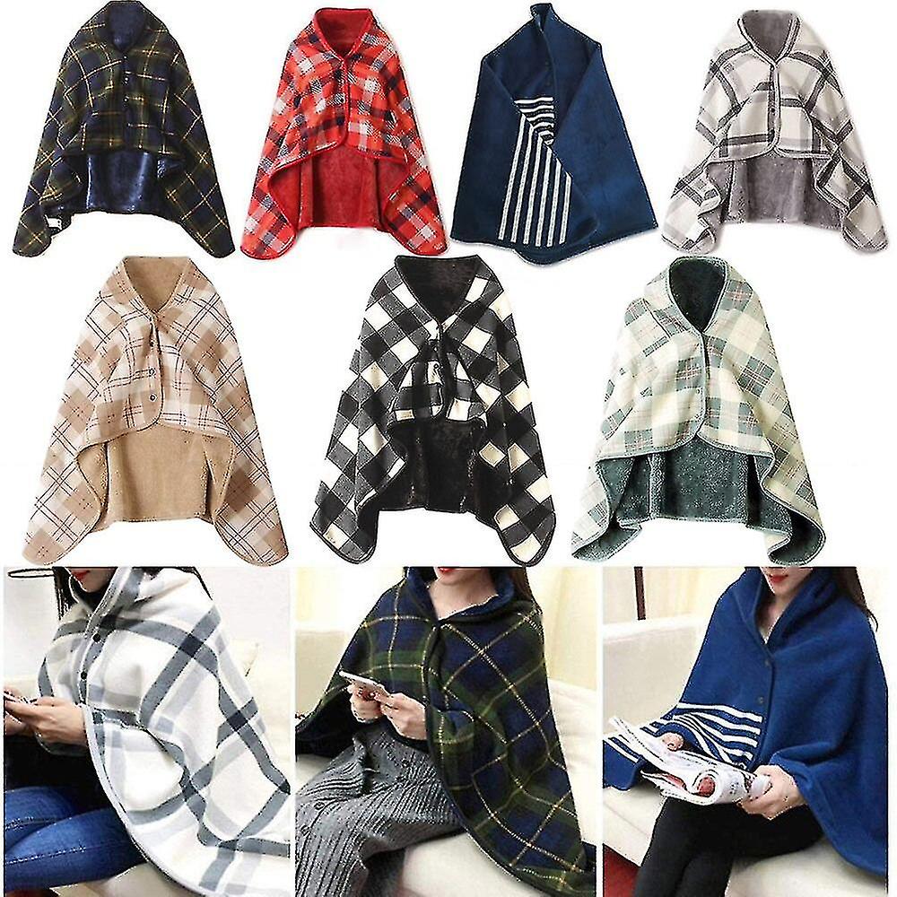 Wearable Plaid Fleece Blanket With Button Winter Warm Throw Blankets For Sofa Bed Travel Multifunction Thicken Scarf Wrap Shawl