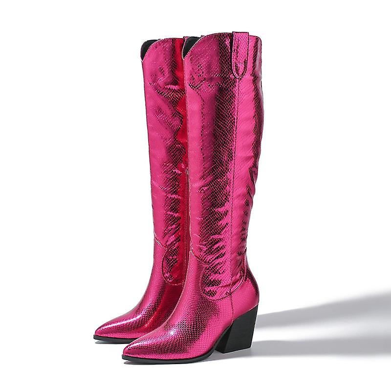 Women's Block High Heel Mid Calf Boots Slouchy Metallic Boots Pointed Toe Boots Shoes