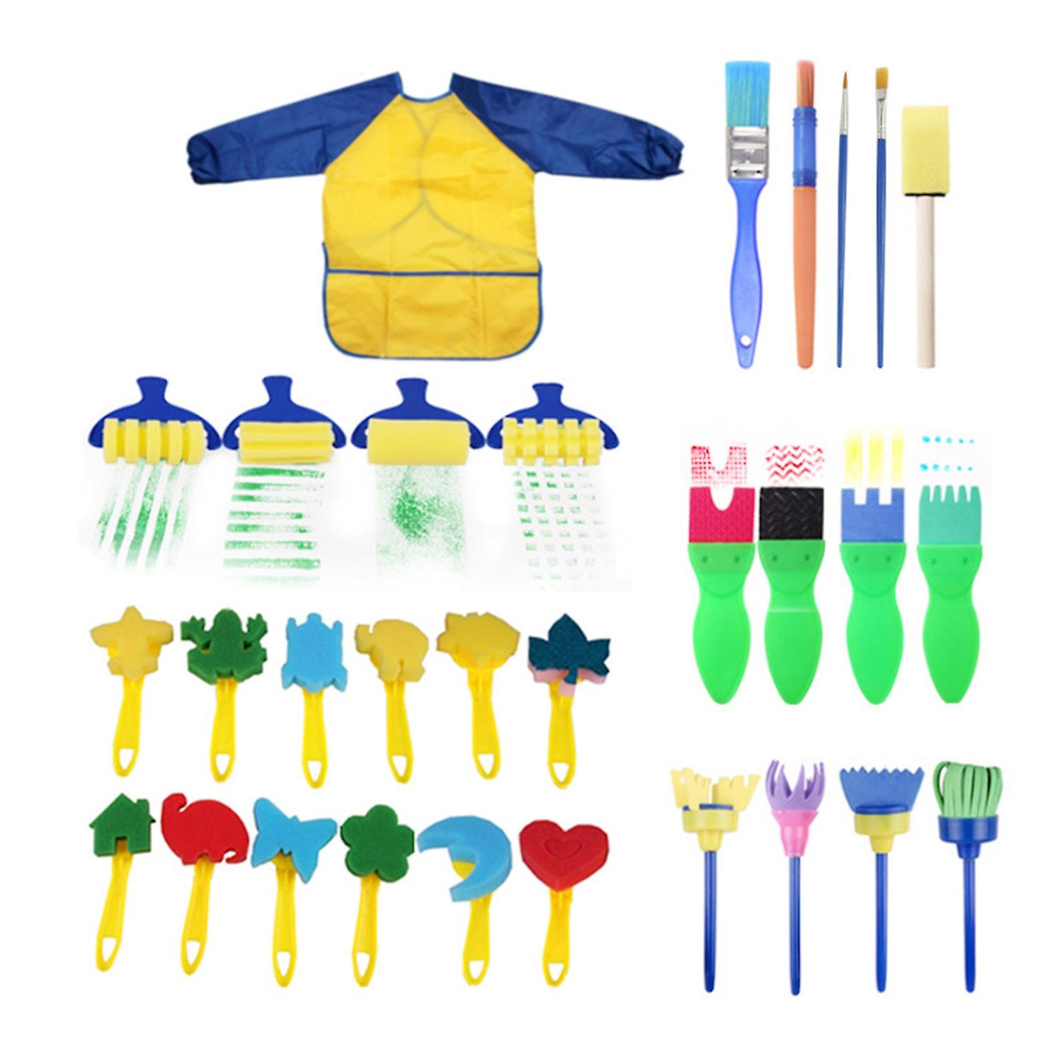 30PCS Children Paintbrushes Washable Paint Brushes Sponge Painting Brush Set with Apron for Toddler