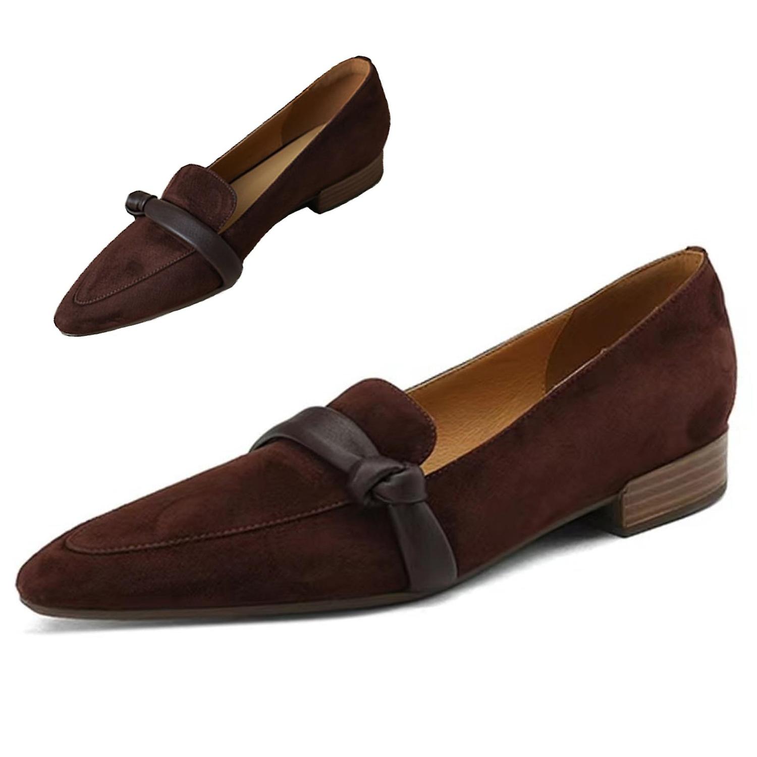 Women's Pointed Toe Low Block Heel Faux Suede Loafers Slip ons Comfortable Classy Retro Dress Office