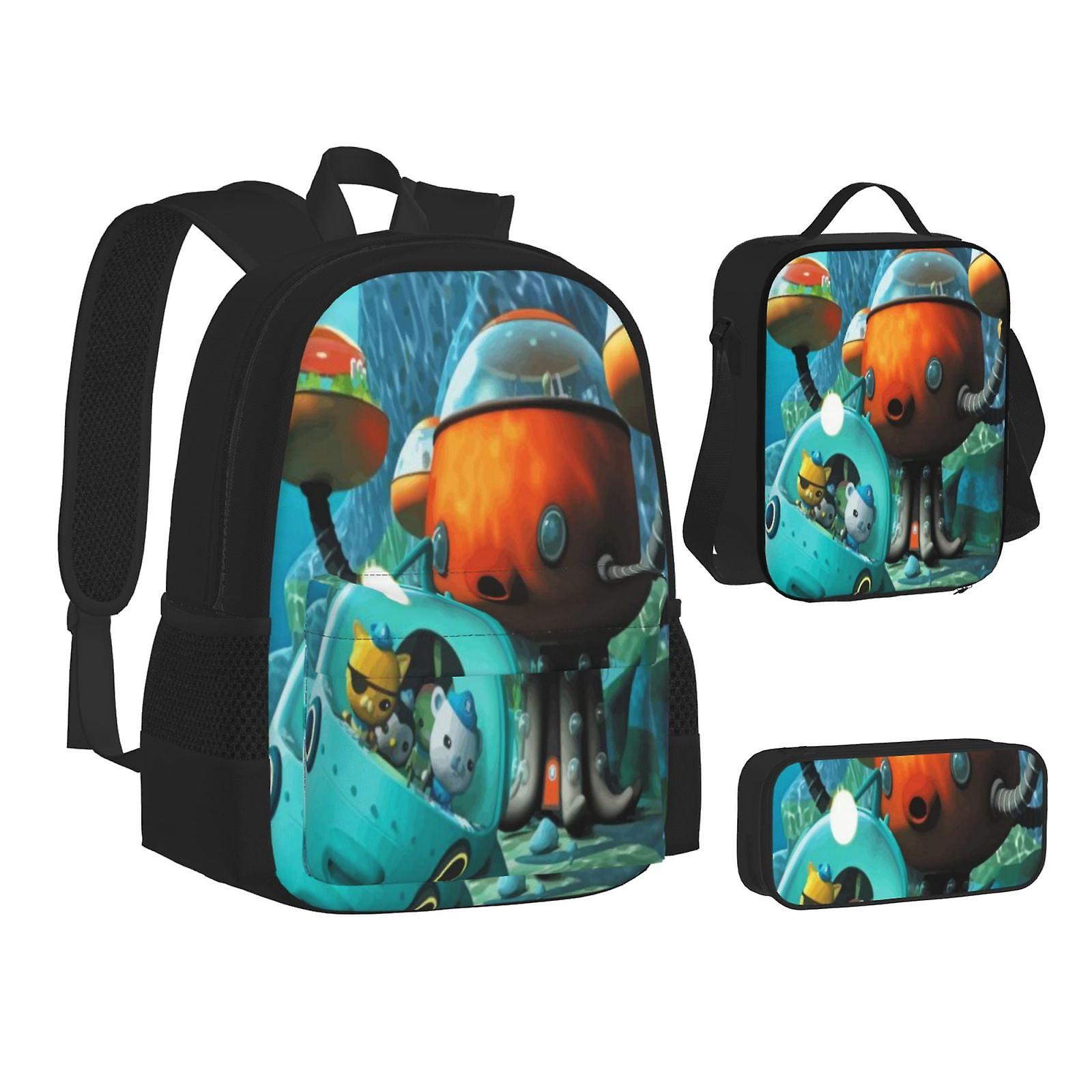 The Octonauts Cartoon 3 قطع حقيبة ظهر مدرسية خفيفة الوزن حقيبة كتب مدرسية حقيبة قلم رصاص حقيبة نهارية كبيرة
