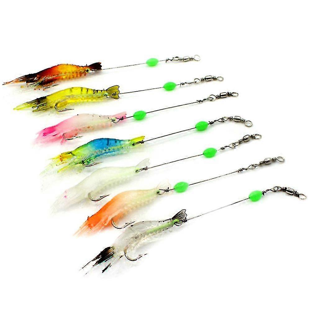 7pcs/lot Fishing Bait Luminous Shrimp Silicon Soft Artificial Bait With Hooks Swivels Tackle Shrimp Lure Carp Fishing 8cm 5g
