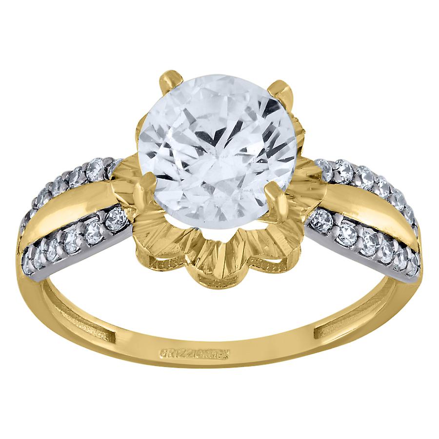 Bague de fiançailles pour femme en or bicolore 10 carats, sertie de zirconiums cubiques ronds et de motifs floraux.