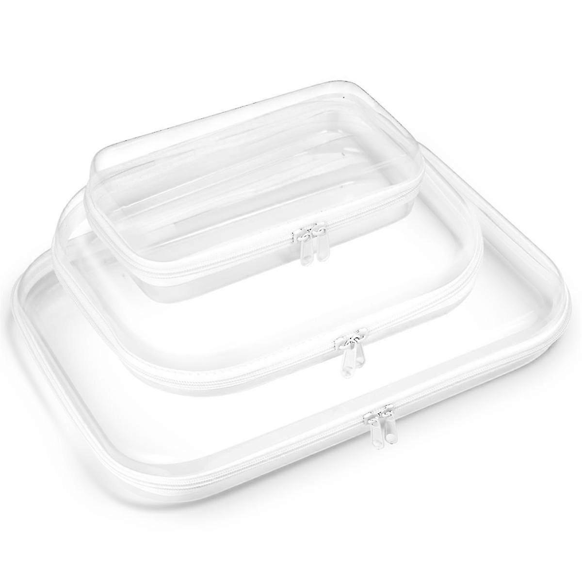 3 Pack Zippered Hard Pouch, Clear Plastic Storage Box Containers Small Toiletry Bag, Clear Hard Shell Zipper Case