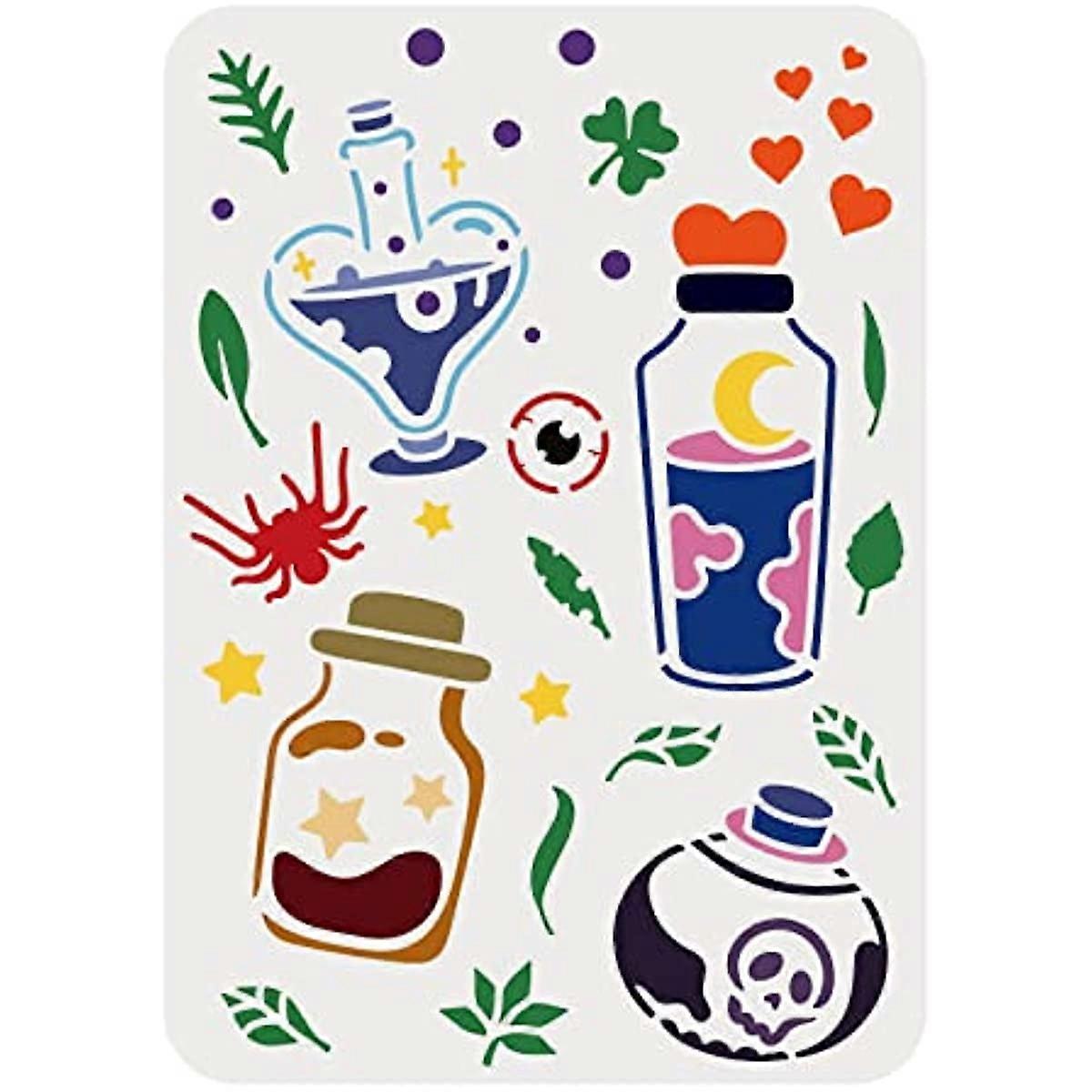 Witch Potion Stencil 11.7x8.3 inch Halloween Bottles Stencil Plastic Potion Stencil Reusable Leaf Spider Love Eyeball Pattern Stencils for Painting on