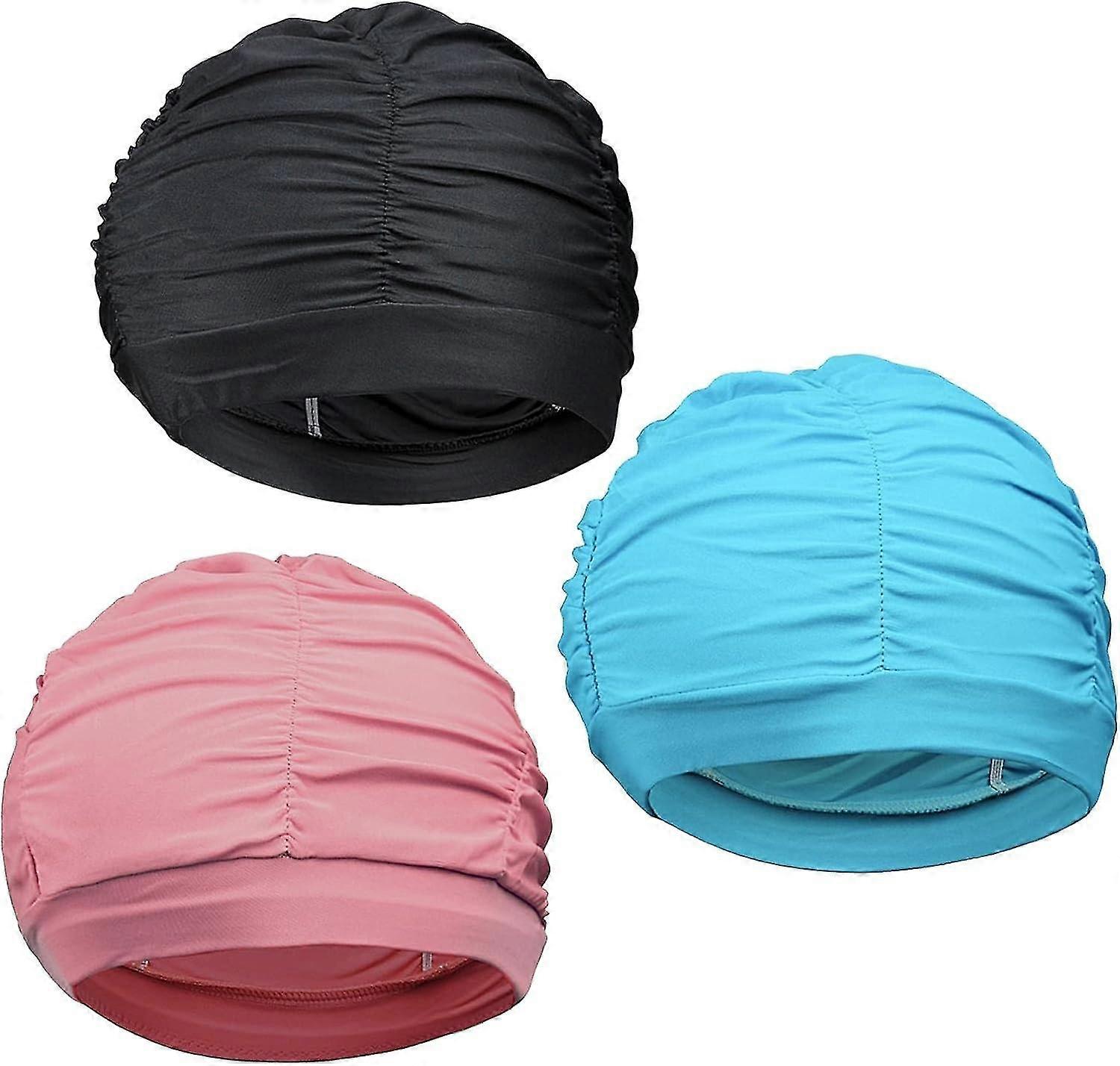 3-pack veckade badmössor för långt hår, ej vattentäta