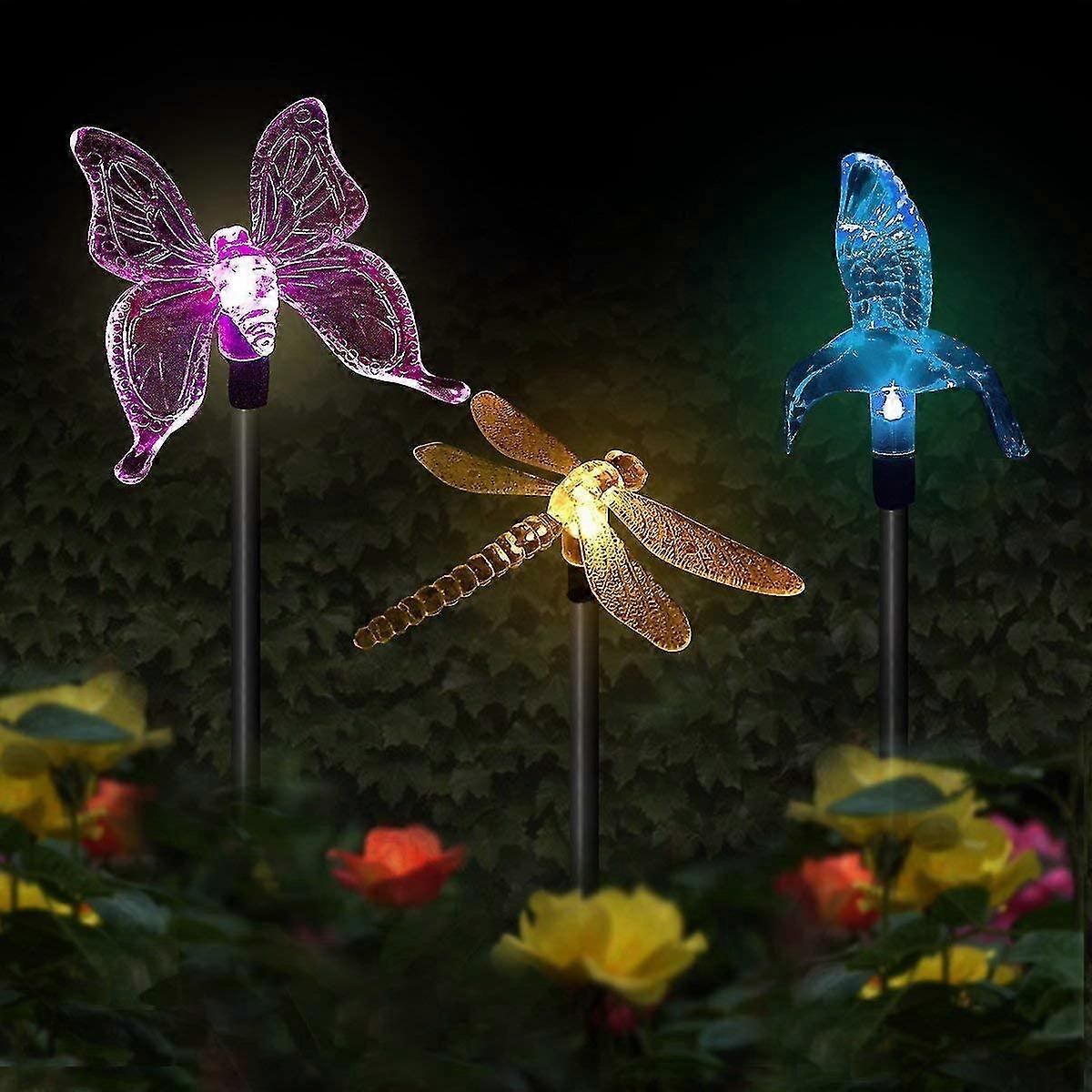 3 pack multicolor changing led solar garden lights in butterfly, hummingbird, dragonfly shapes for party decoration