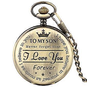 Retro Copper Pocket Watch - I LOVE YOU Engraved Quartz Movement - Adjustable Waist Chain Gift