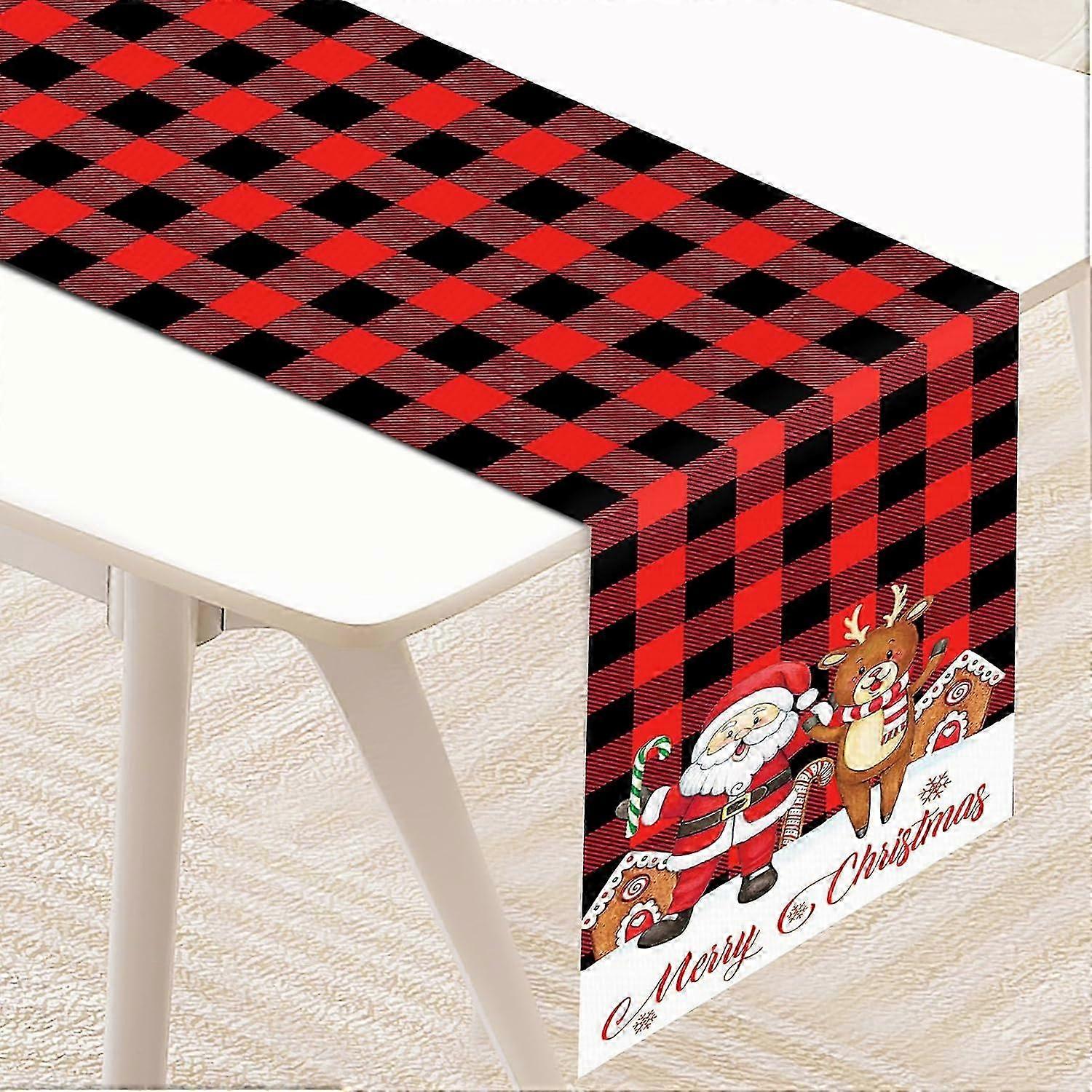 Christmas Table Runner 72 x 13 Inch Decorations, Red Plaid Linen Burlap Santa Reindeer Pattern Table Cover