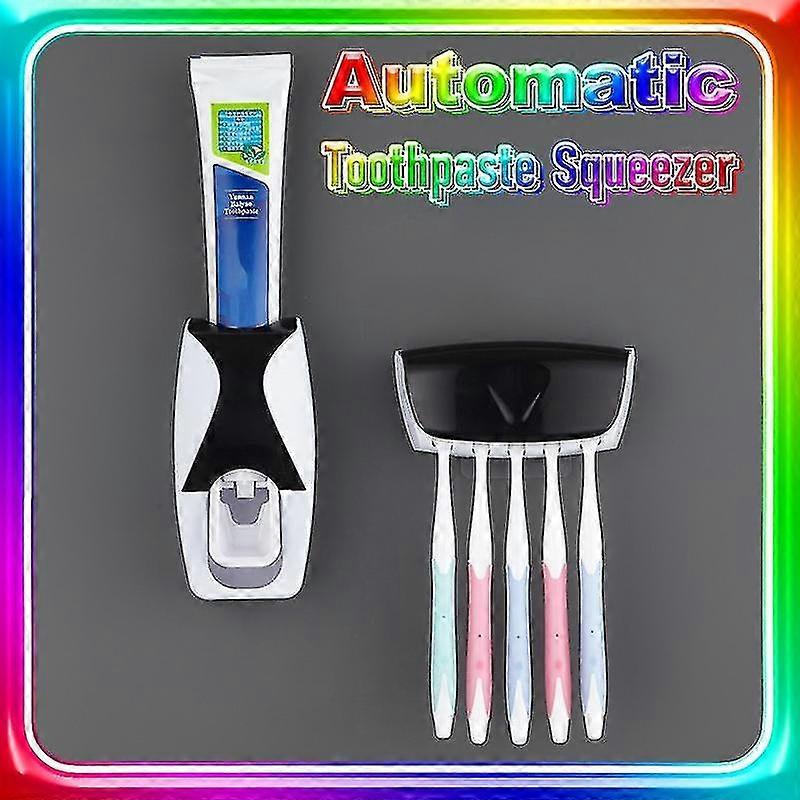 Auto Automatic Toothpaste Dispenser 5 Toothbrush Holder Set Wall Mount Stand