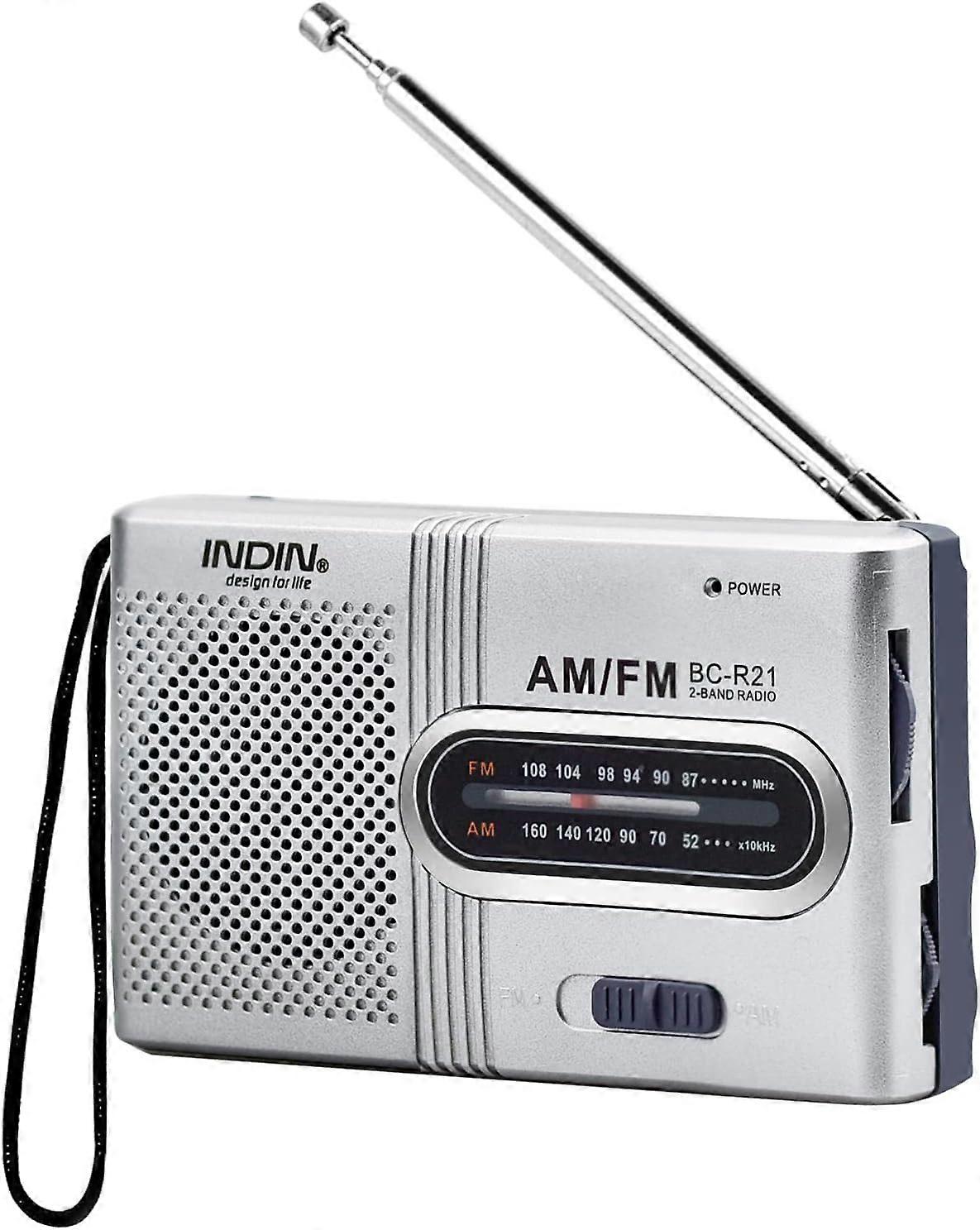 Portable Radio Small Radio Silver FM/AM (MW), Extra Large Tuning Knob, Mini Radio with Built-in Speaker, Battery Powered