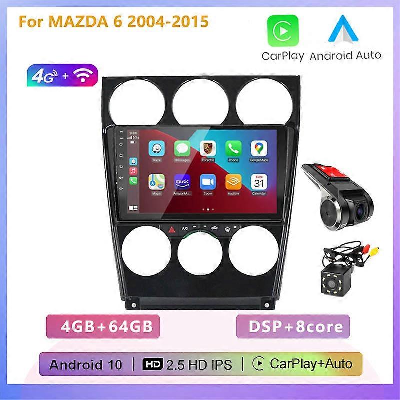 2DIN Android 10 4+64G Car Radio Stereo Multimedia Player Carplay Auto WIFI RDS DSP GPS navigation for MAZDA 6 2004-2015