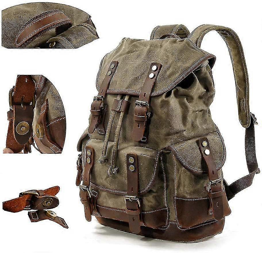 Mens Genuine Leather-waxed Canvas Backpack Shoulder Rucksack