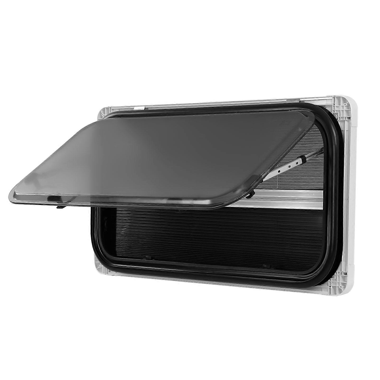 RV プッシュアウトウィンドウ 900x450mm 二層アクリルガラス 75° 開口角度外部出口窓、サポートロッド付きプライバシーカーテン防虫ネット