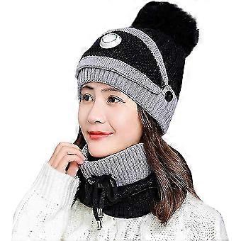 Winter Knit Beanie Hat Women Warm Ski Hat Thick Pompon Fleece CapBlack
