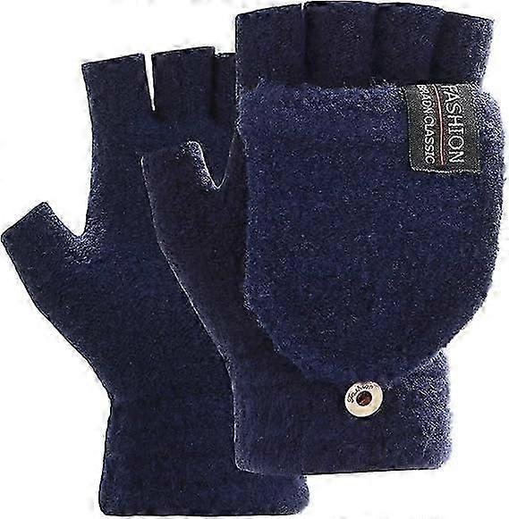 Fingerless Convertible Mittens Gloves, Knitted, Navy Blue