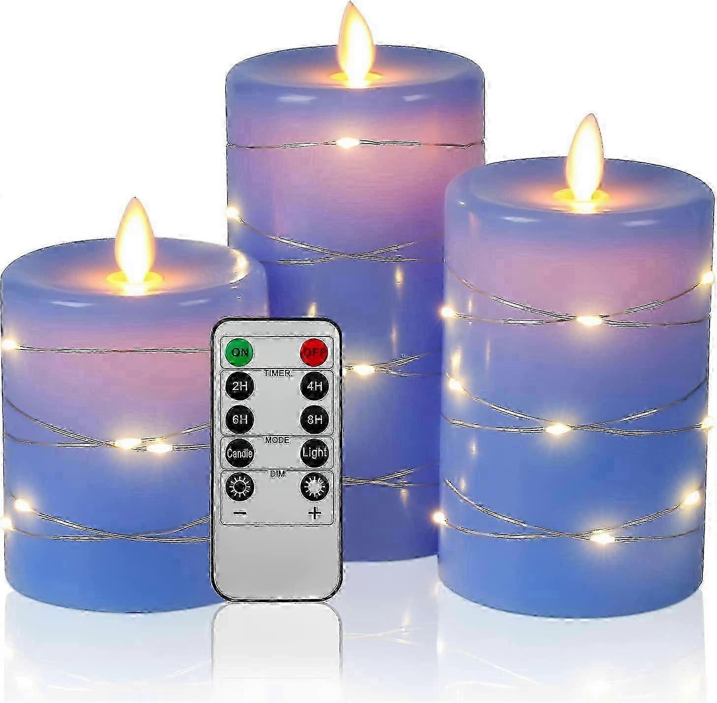 3pcs Flameless Candles, with Starry String Lights(Blue)