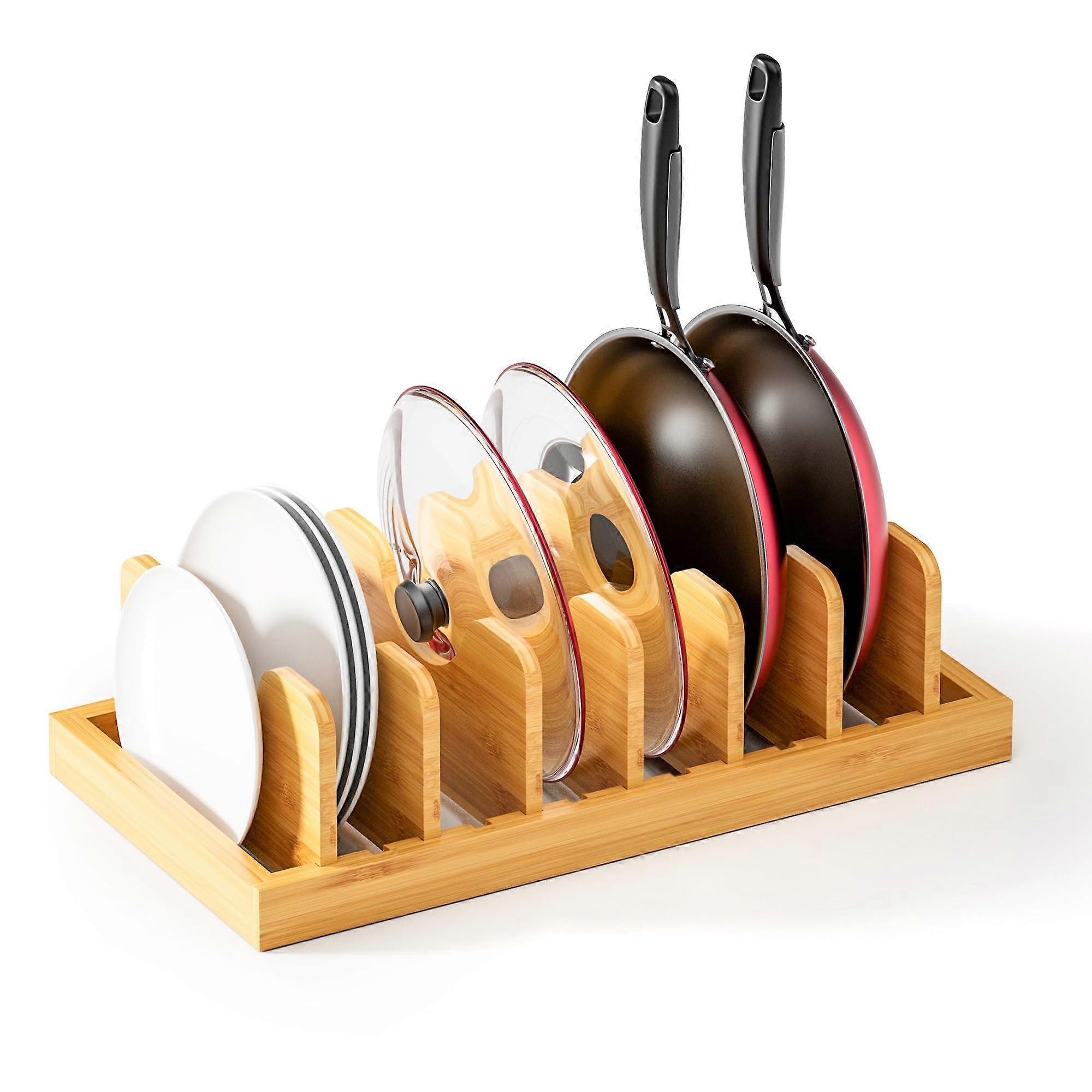 Bamboo Pot Lid Organizer for Kitchen Cabinet Storage, Adjustable Rack for Standard and Large Lids, Durable and Eco-Friendly