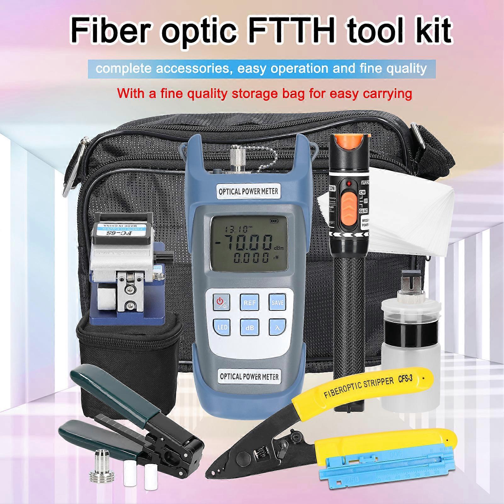 Fiber Optic FTTH Tool Kit Optical Power Meter Fiber Cleaver Wire Stripper Optical Fiber Cold Connection Tools Set with Storage Bag