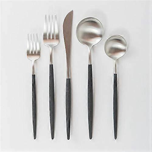 5 Pcs Brushed Steel Flatware Set with Black Accents for Modern Dinner Table Settings