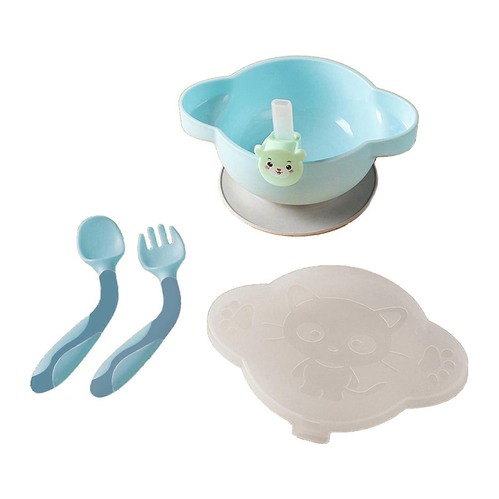 Baby Dinner Plate Sucker Bowl with Straw Spoon Fork Set Anti Slip Suction Dishes Training Feeding Tableware for Toddler Sky Blue