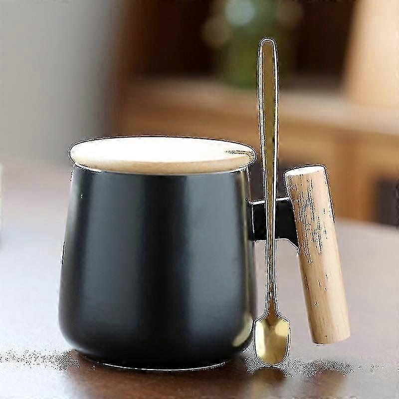 Nordisk Minimalistisk Træ Håndtag Keramisk Krus Med Låg Ske Kontor Vand Kaffekop Aktivitet Gave Print KB