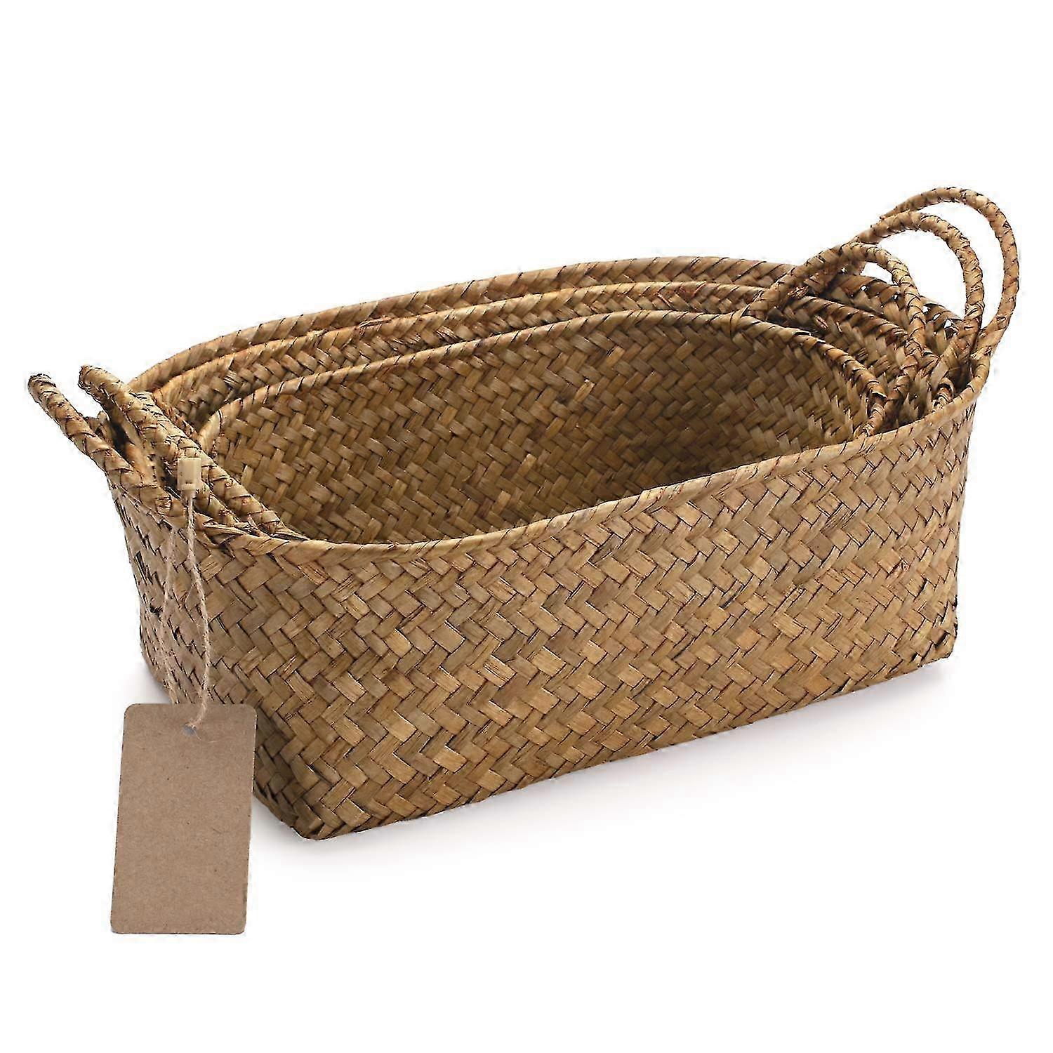 Natural Woven Rattan Shelf Baskets with Handles - Set of 3 (Large, Medium, Small)