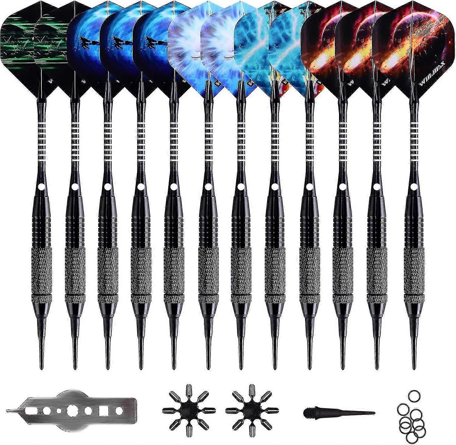Soft Tip Darts Set 12 Pcs 18g with 100 Extra Tips, 12 Flights, Protectors & Tool Kit for Electronic Dartboard