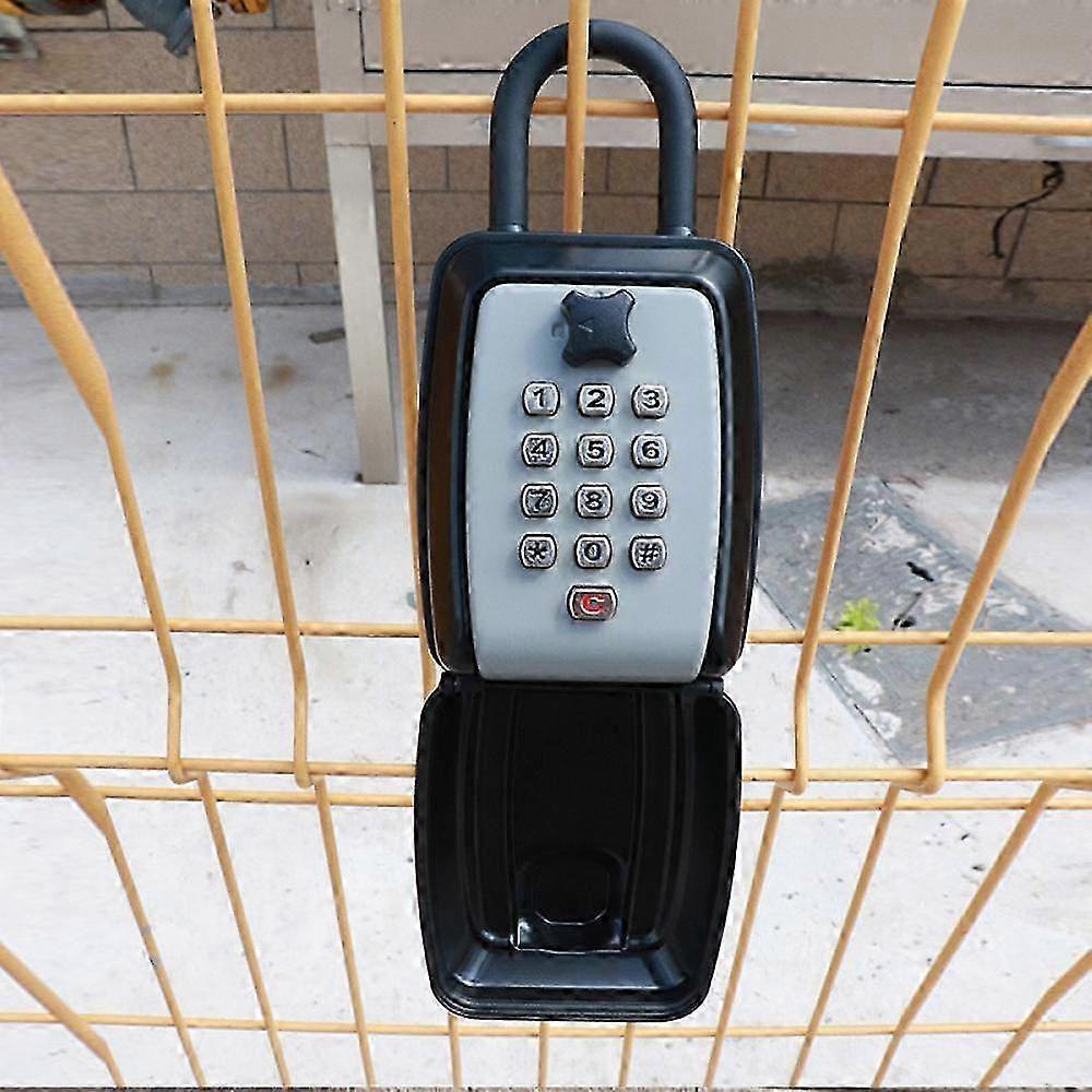 Key Safe Box 9-Digit Push-Button Lock, Waterproof Outdoor Key Storage, Resettable Code, Gray with Hook