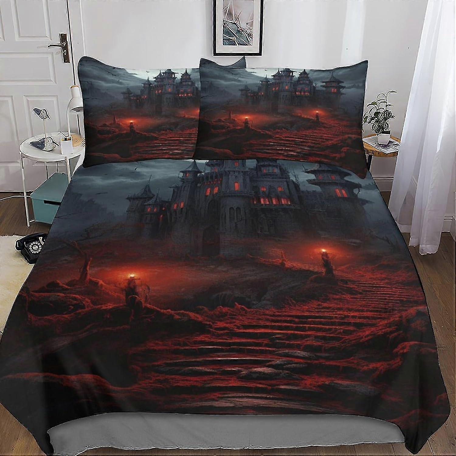 3D tištěná sada povlaků na přikrývku Dark Castle pro děti a mládež - Scary Architecture Povlečení na přikrývku se zapínáním na zip, měkké mikrovlákno, 3 kusy