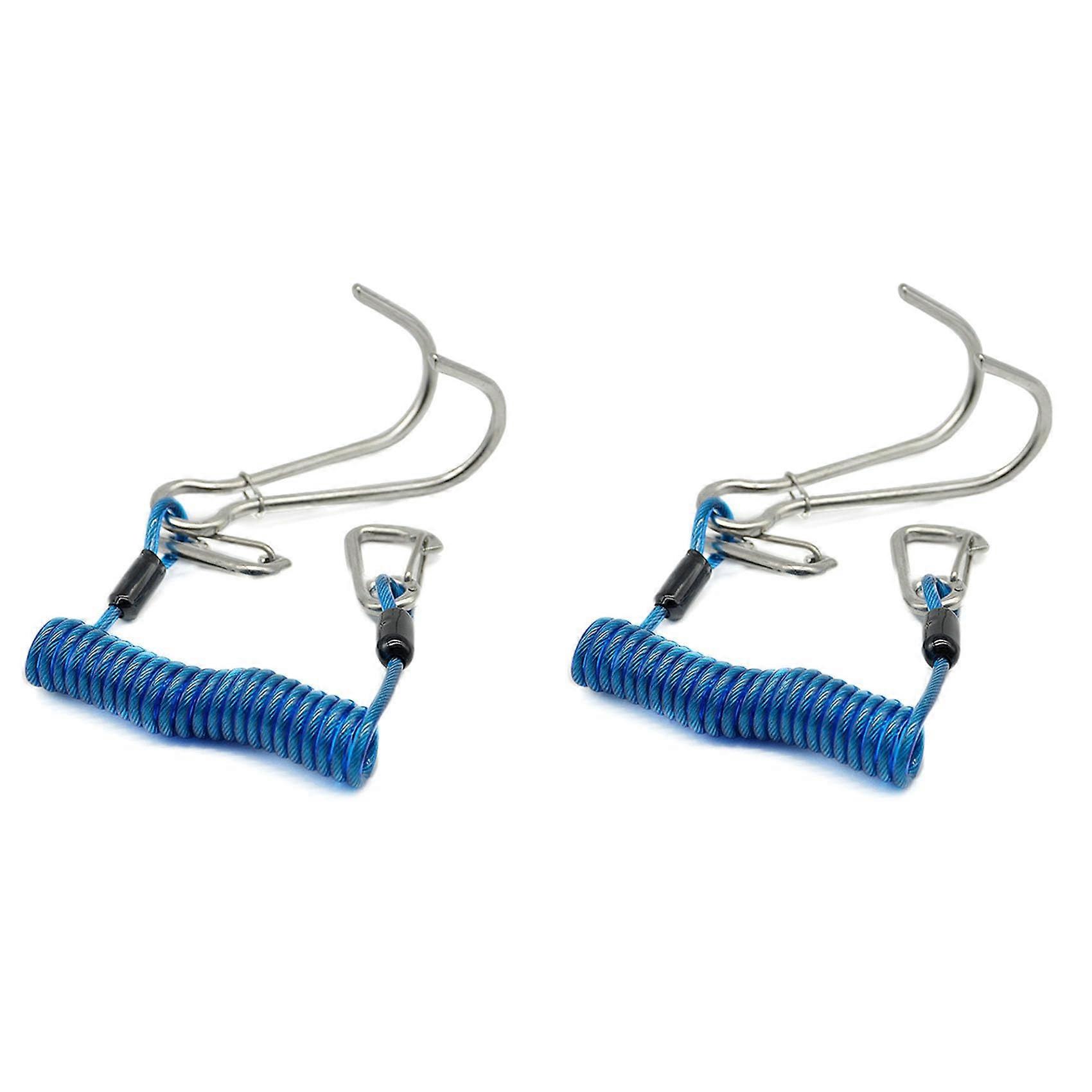 Double Head Raft Rafting Hooks 2-Pack, Stainless Steel Reef Hooks With Spiral Spring, Diving Safety Accessories, Blue