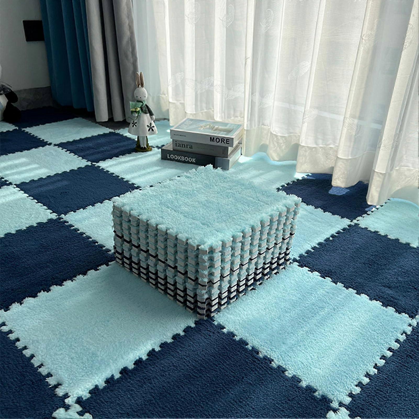 Interlocking Plush Carpet Tiles NonSlip Square Floor Mats for Bedroom Foam Tile Floor Carpet Dark Blue/Light Blue Dark Blue Light Blue 1