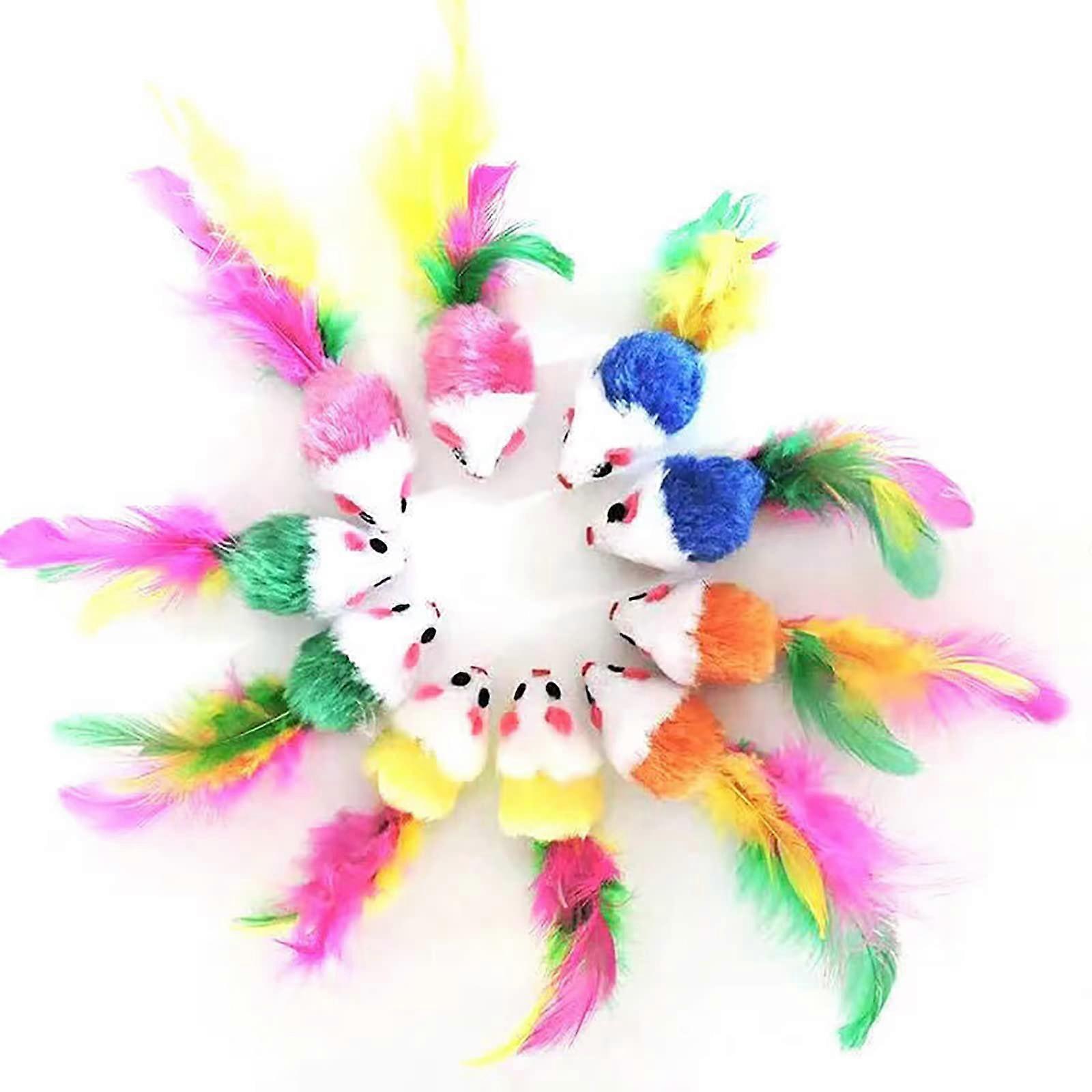 Fluffy Cat Toy Mouse Fur Rattle Soft Mouse Toy With Feathers For Cats Interactive Cat Toy Random Colors Pack Of 10