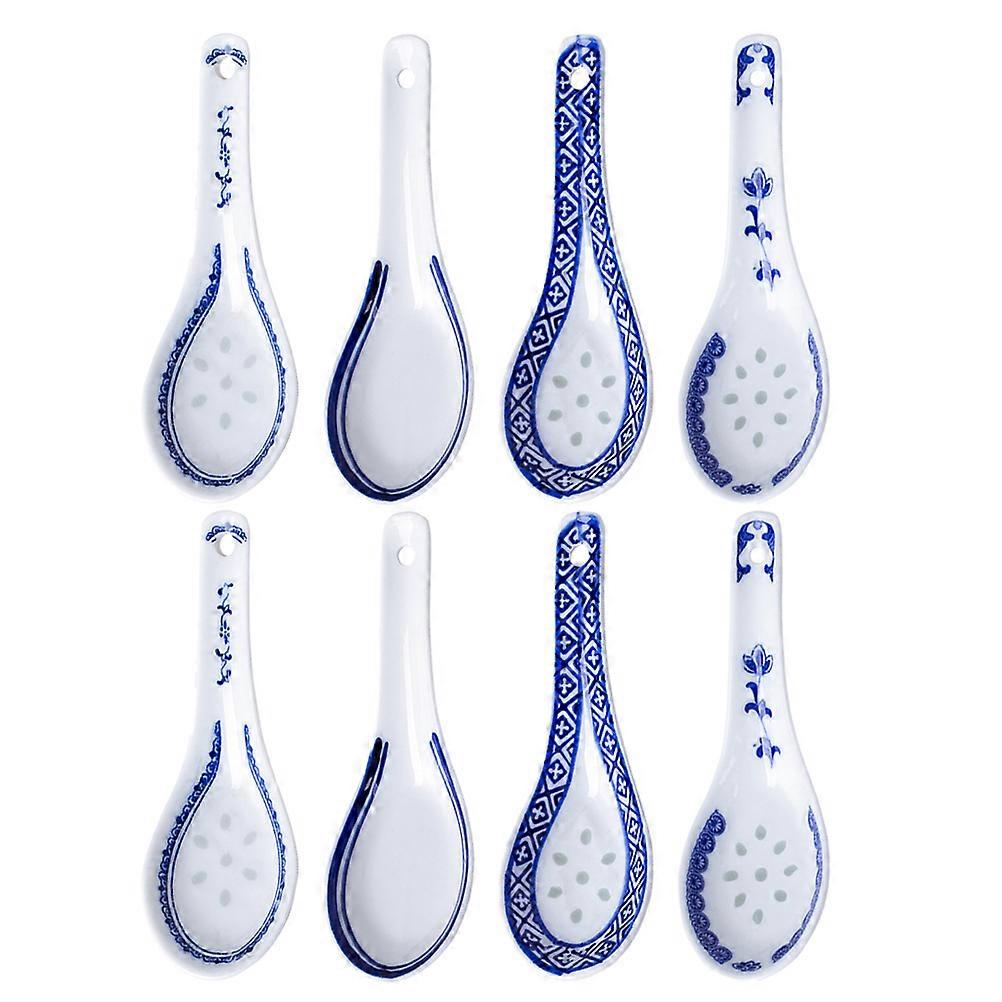 Ceramic Spoons For Soup With Blue Floral Patterns Suitable For Chinese Restaurant And General Public 8Pcs