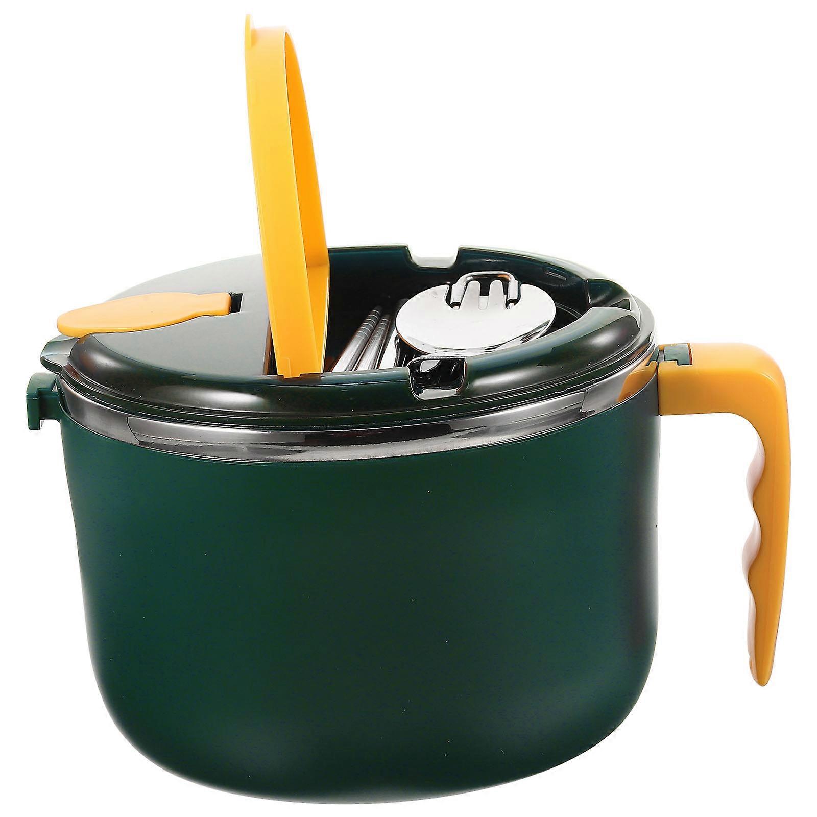 Green Insulated Noodle Bowl with Cover and Handle Made of Stainless Steel and PP for Home Use 1 Set
