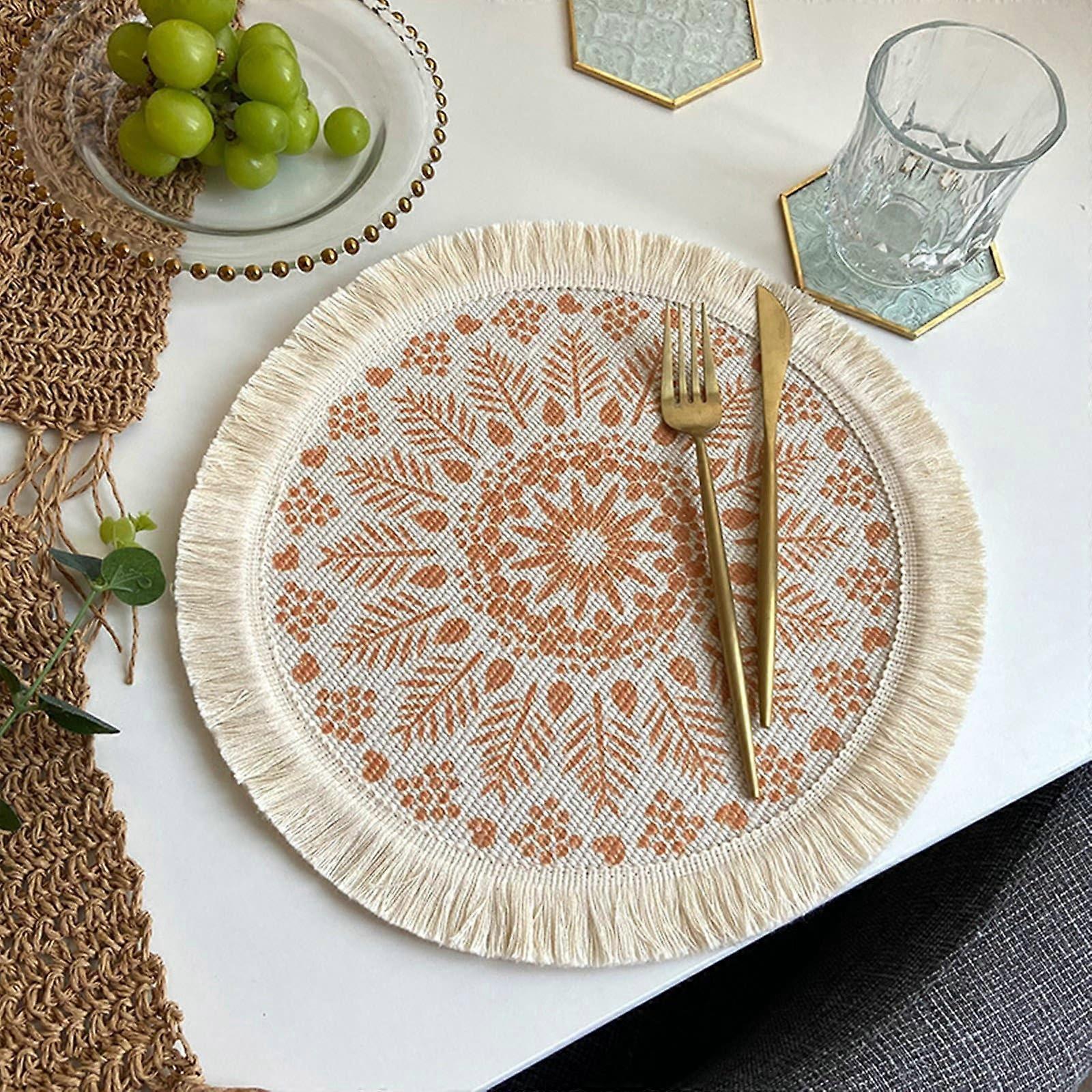 Set of 2 Round Place Mats 33 cm Beige Orange Polyester Cotton Washable Non-Slip Bohemian Style for Dining Table
