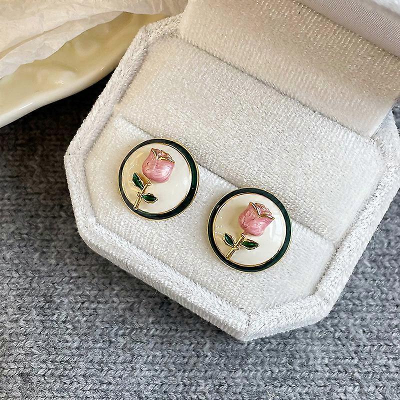 French Retro Round Glazed Rose Stud Earrings High-end S925 Silver Needle Elegant and Versatile Earrings for Women - Pink 06145E-P