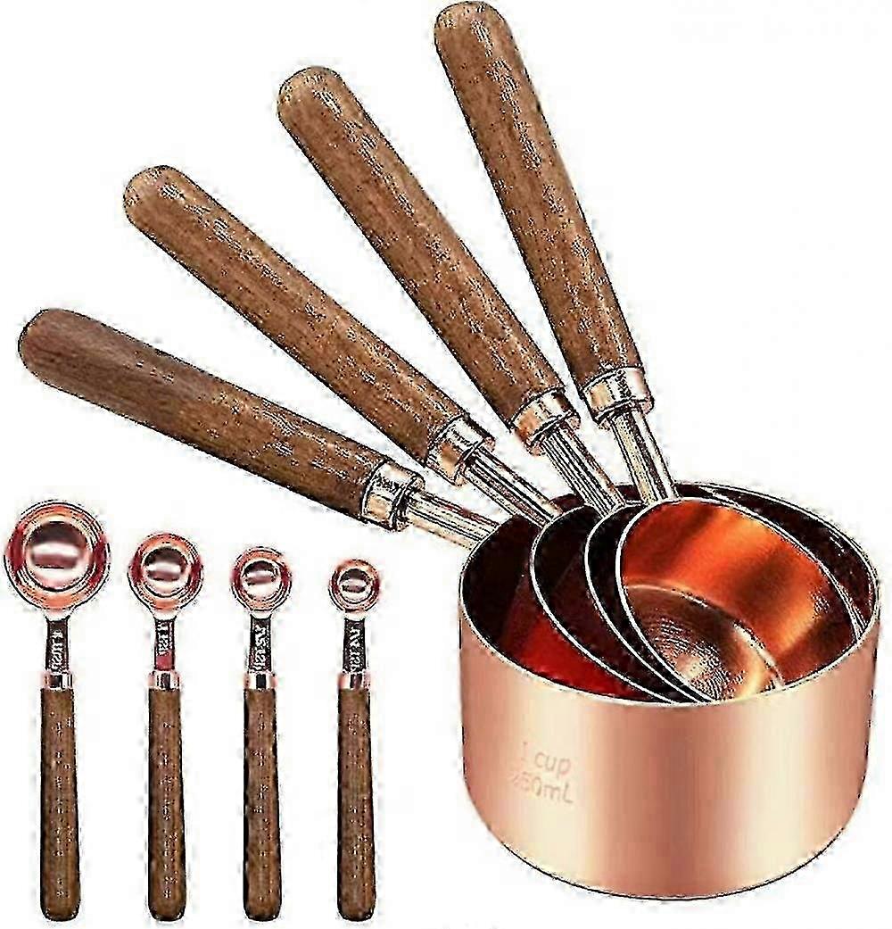 Set di misurini e cucchiai in rame da 8 pezzi con manico in legno e catena appesa per cuocere e cucinare
