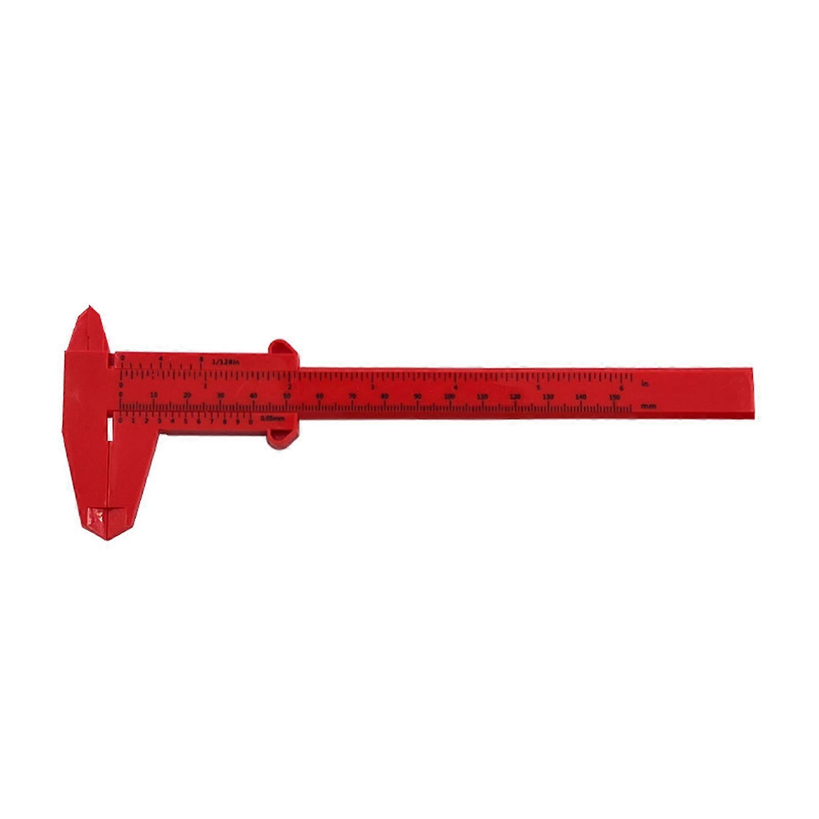 Paquímetro de plástico para estudantes, 150 mm de comprimento, sistema de medição dupla com escala vernier de fácil leitura, vermelho.