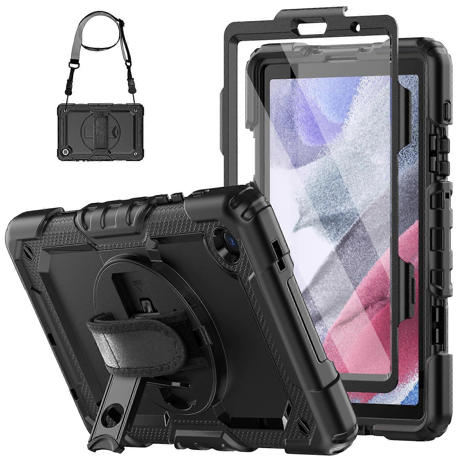 Samsung Galaxy Tab A7 Lite Case 8.7 In Shockproof Full Body With Screen Protector, Rotating Hand Strap And Stand Black
