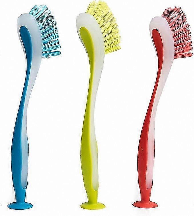 Soft-Handled Dish Scrubber Brushes with Suction Cup, 3-Pack, Multi-Colored, 9.5 x 1 Inch