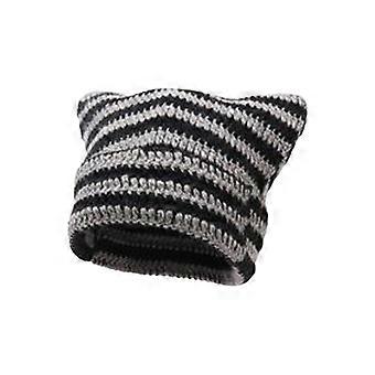 Lindo gorro grunge para mujer, gorro de invierno de ganchillo con orejas de gato a rayas-2025