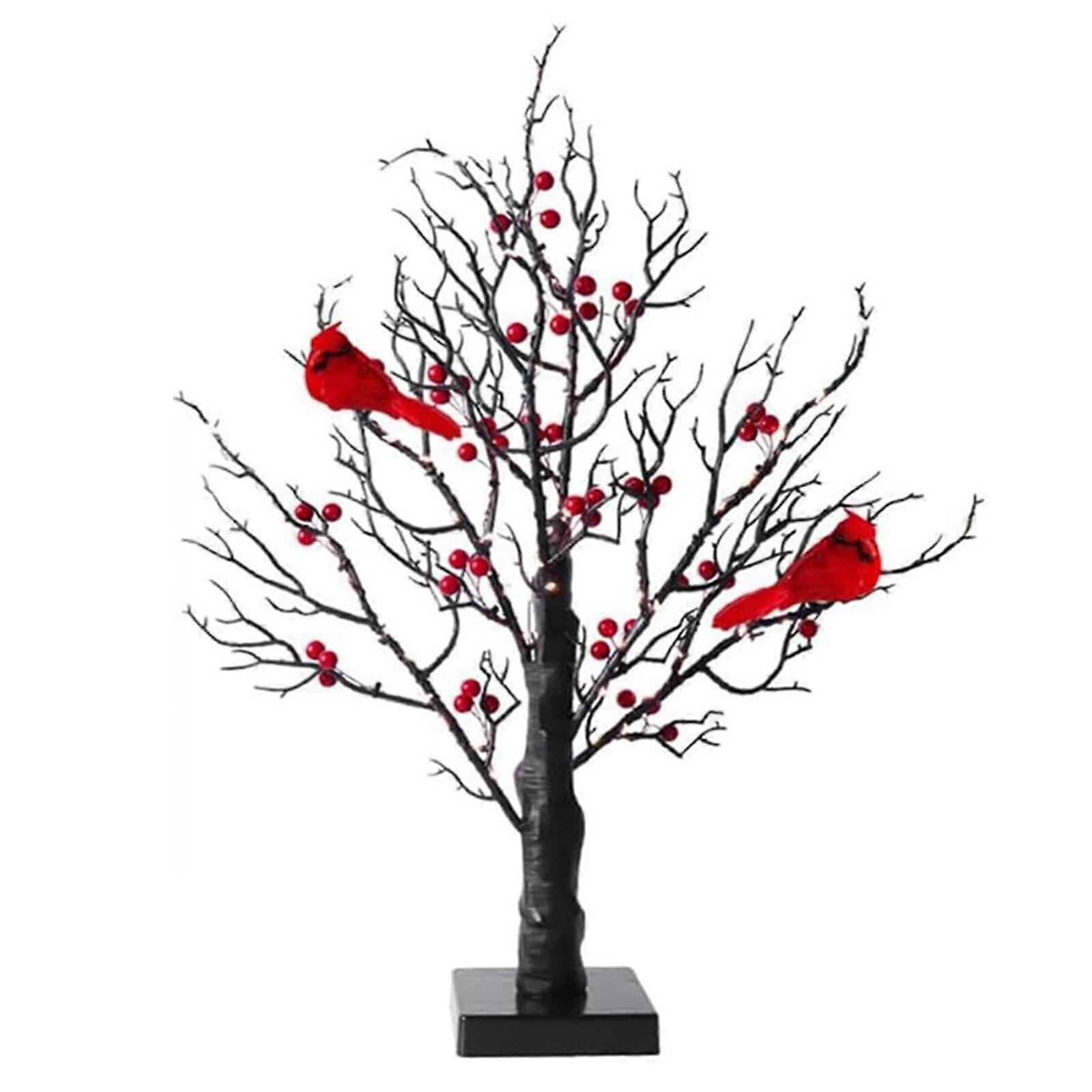 Vintage Glowing Tree with Cardinals 21Inch LED Birch Tree Lamp Red Birds And Berries Twinkle Branches Centerpiece
