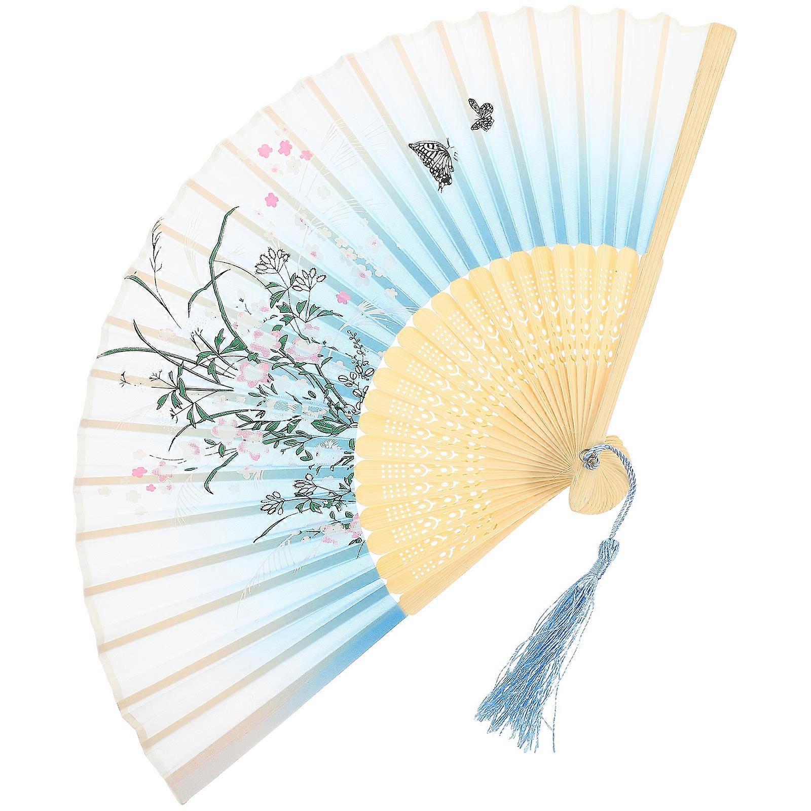 Japanese Style Hand Fan Foldable for Parties Blue Silk and Bamboo Material 1Pack