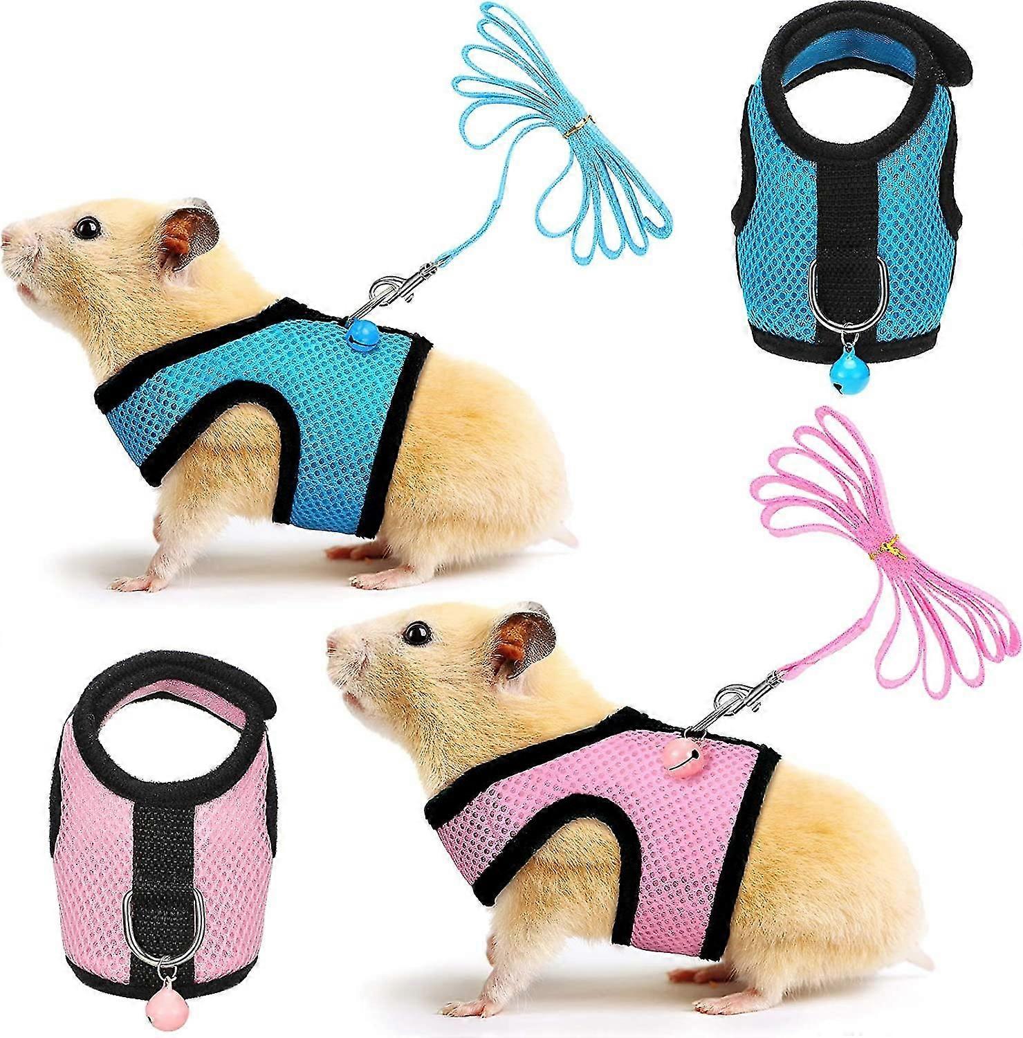2 Pieces Guinea Pig Clothes Baby Ferret Rats Hamster Soft Mesh Harness Leash Vest Set with Bell for Guinea Pigs, Hamster, Ferret, Rabbit, Chinchilla a